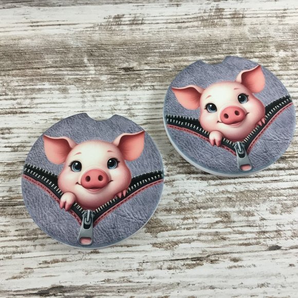 Pig Peek-a-Boo Zipper Car Coasters Set of 2 - Picture 5 of 6